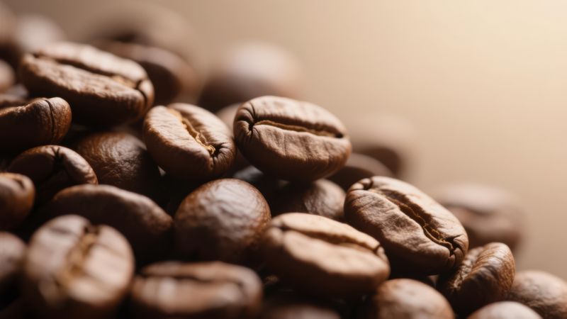 Extreme macro close up of deeply roasted coffee beans on a diagonal with bright copy space