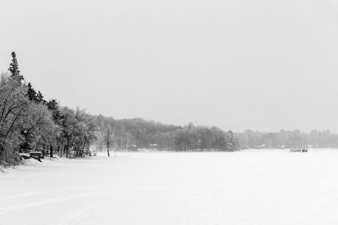 Iced over lake surrounded by trees on snowy day