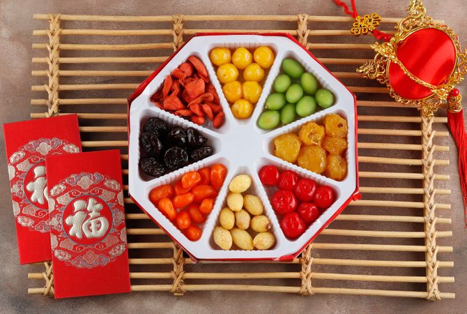 Top view of candied fruit for Chinese New Year celebration