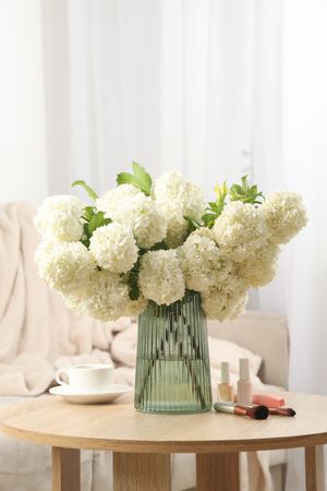 Composition with hydrangea flowers, cup of coffee and cosmetics. Spring plant