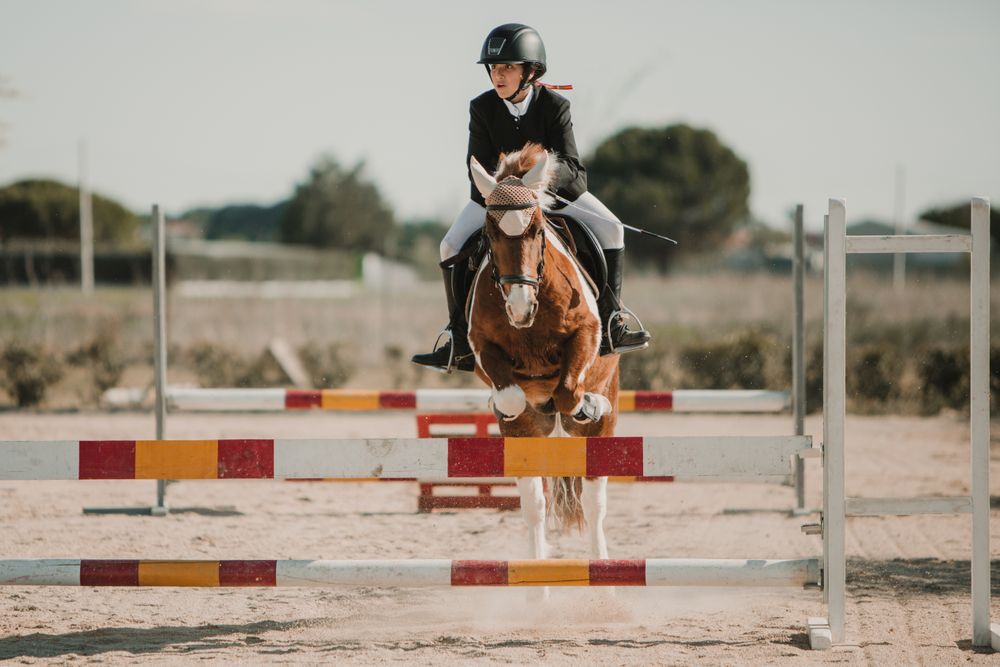 Teen girl riding horse and jumping over bars