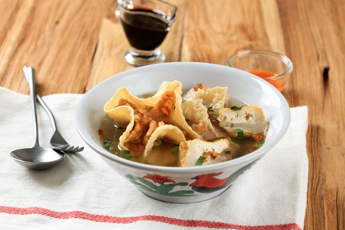 Batagor Kuah, Indonesian Traditional Fried Dumpling Served with Meat Stock Soup