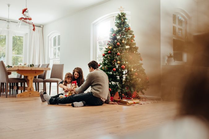 Small family celebrating Christmas by the tree