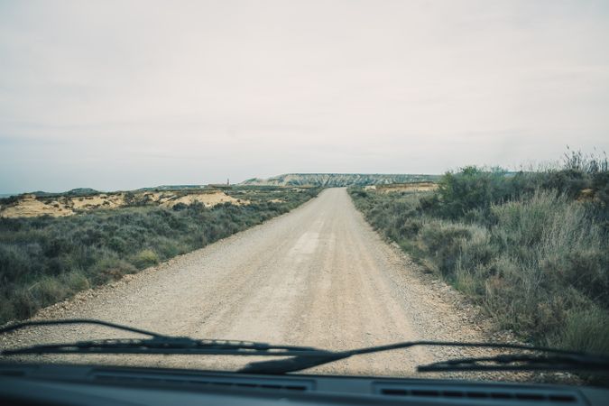 Empty road leading between fields with vegetation