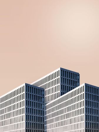 Three buildings against a peach sky