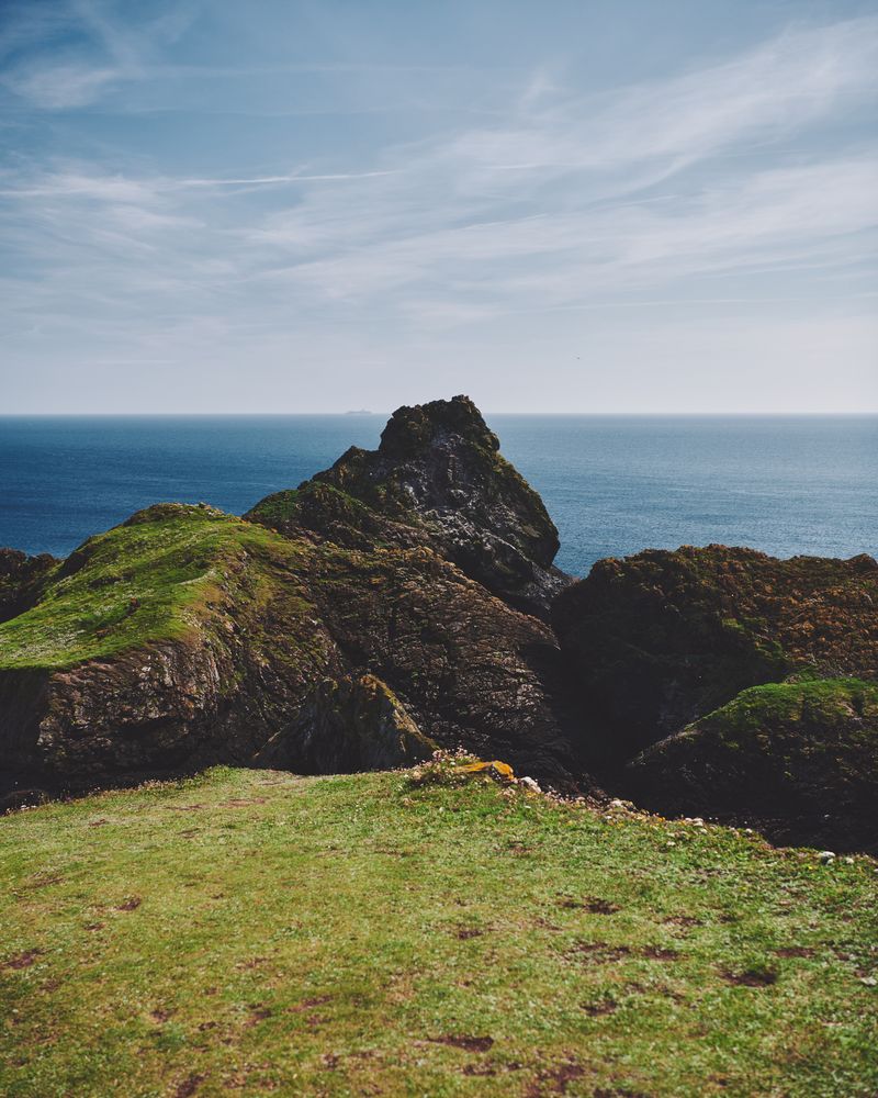 Tranquil sea as seen from grassy cliffs