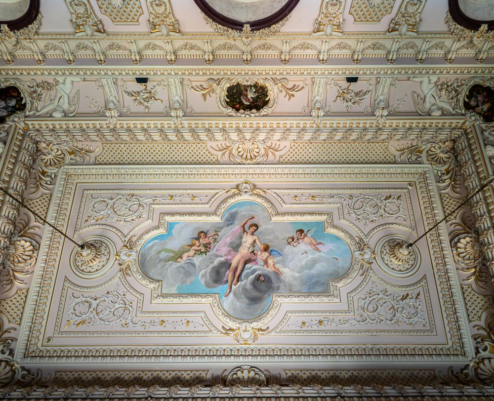 Ancient castle interiors. Rich royal chambers.