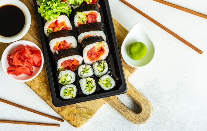 To go box of delicious sushi and sashimi
