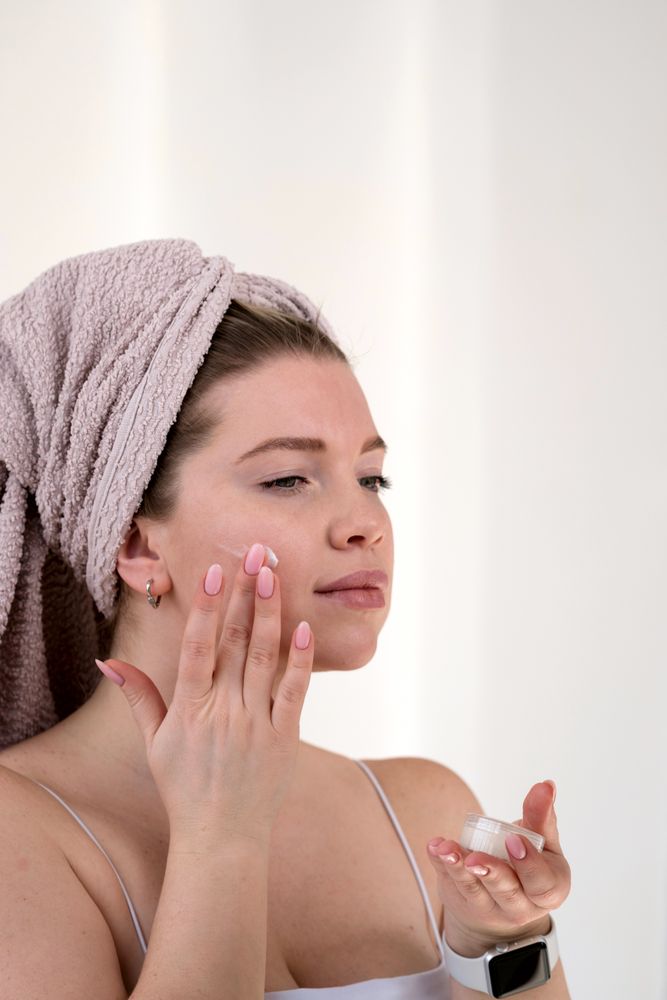 Applying facial cream.