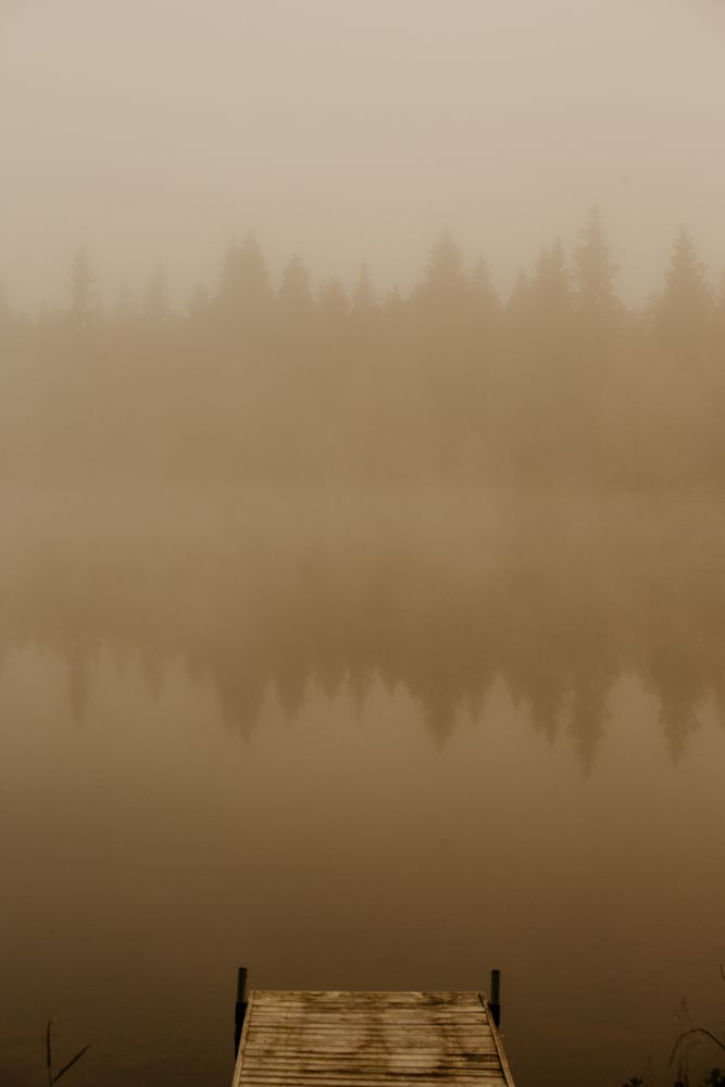 Old pier near lake on misty day