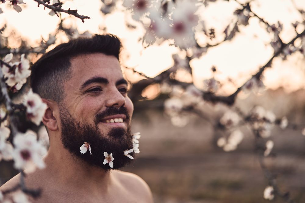 Man with flowers in beard