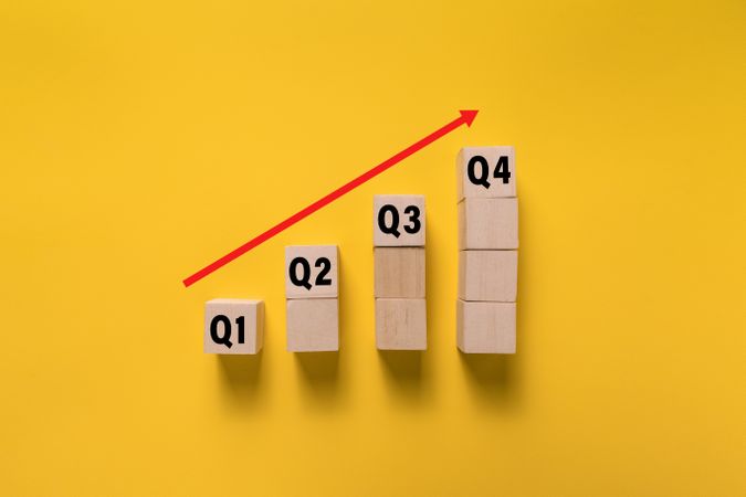 wooden cubes with q1, q2, q3, q4 symbol and red arrow up isolated on yellow background. concept of quarterly report annual growth