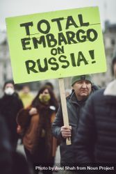 London, England, United Kingdom - March 5 2022: Man holding sign in support of Russian embargo 5lnpvb