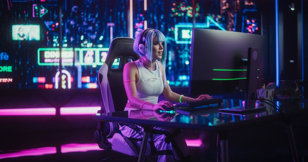 Young Woman Playing Online Video Game on a Computer in a Futuristic Digital World.