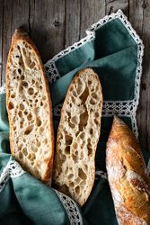 Fresh baguettes on checkered towel