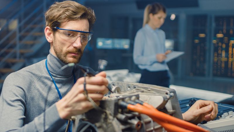 Professional Automotive Engineer in Glasses with a Computer and Inspection Tools is Testing an Used Electric Engine in a High Tech Laboratory with a Concept Car Chassis.