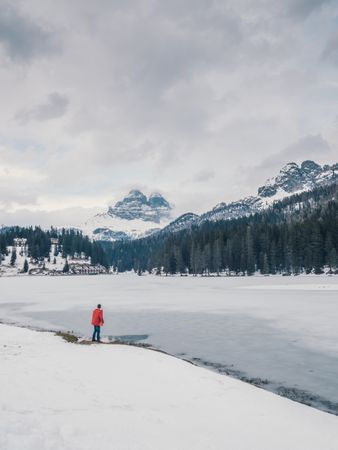 Unrecognizable person standing in snow surrounded by forest and mountains