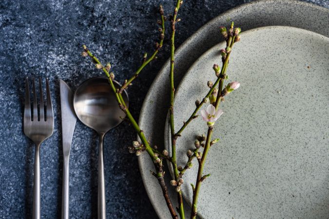 Branch on ceramic grey plate next to cutlery
