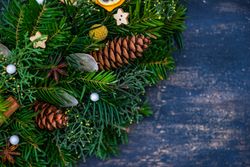 Christmas fir tree wreath with pinecones and spices