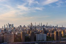 Aerial View of Lower Manhattan Architecture. Day Time Photo of Financial Business District from a Helicopter. Scenery of Historic Office Towers, Including Empire State Building