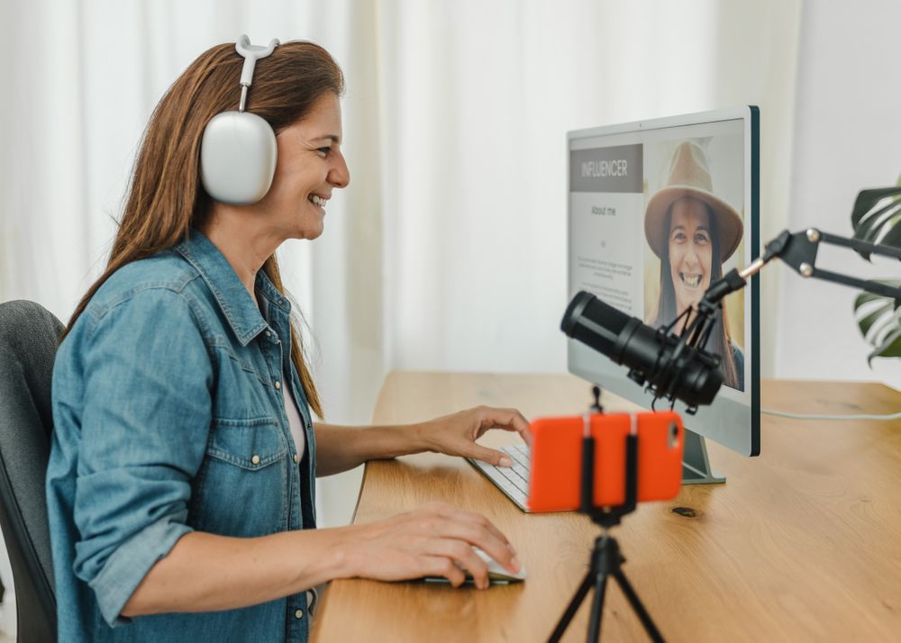 Cheerful woman browsing computer and recording podcast