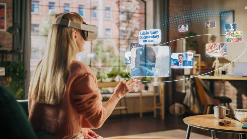 Woman Sitting in Loft Living Room at Home, Using Virtual Reality Headset with Controllers to Check Social Media Streaming App