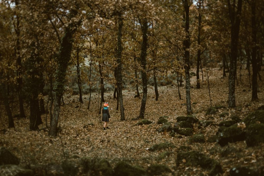 Woman in red fox mask walking in forest