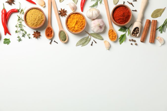 Wide shot of spoons, bowls and spices