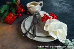Holiday table setting with grey plates and gravy boat 5nrZA5