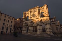 Gothic cathedral exterior in sunrise