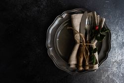 Top view of elegant decorative autumnal table setting