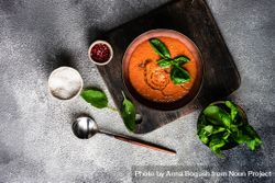 Top view of tomato soup served with oil garnish and herbs, peppers and salt 0PjkL2