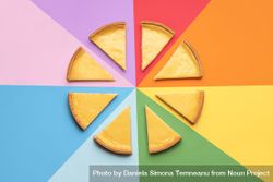 Sliced cheesecake on a rainbow background 5rEe30