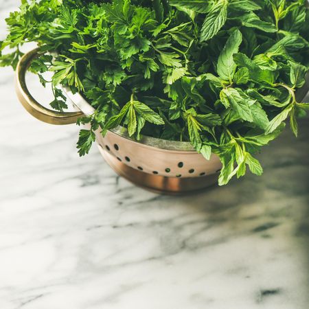 Close up of colander full of fresh green herbs, square crop, copy space