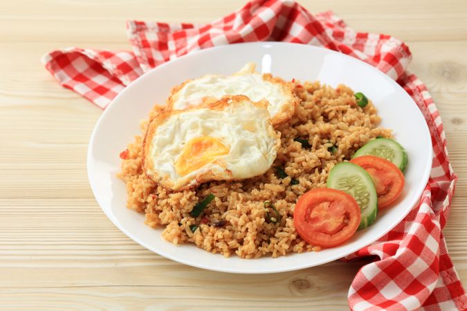 Indonesian Nasi Goreng,  Fried Rice with Garlic, Shallots, and Soy Sauce.