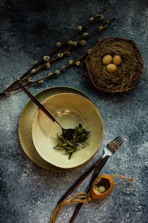 Easter holiday table setting with bowl of branches, nest, and pussy wlllow