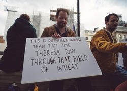 London, England, United Kingdom - March 23rd, 2019: Man holds political sign at Brexit protest