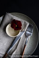Close up of grey napkin with red flower 5qgMjb