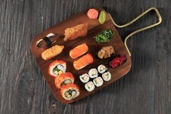 Looking down at vanity of sushi on tray