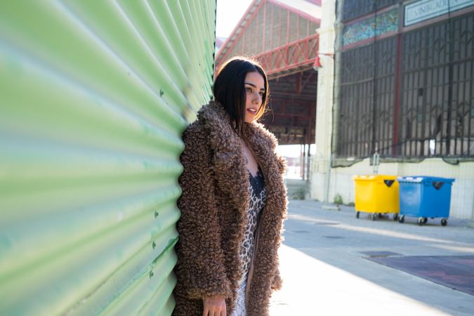 Stylish female near green wall