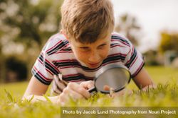Boy looking at grass through magnifying glass 43pWRb