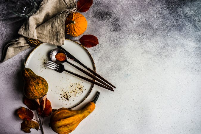 Fall table setting with colorful leaves and gourds garnishing plate with space for text