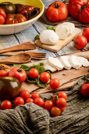 Salad ingredients on board and napkin