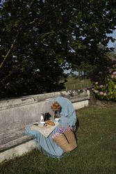 Delicious breakfast with tea and sweets on bench at garden