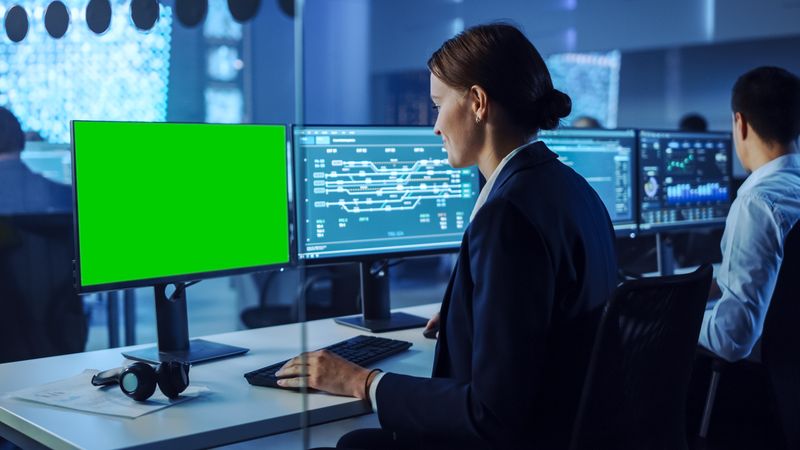Professional Woman Analyzes Data on Dual-monitor Setup in High-tech Office. Green Screen Display for Customization.