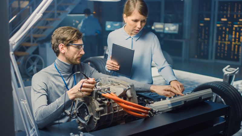 Male and Female Automotive Engineers with a Tablet Computer and Inspection Tools are Having a Conversation While Testing an Electric Engine in a High Tech Laboratory with a Concept Car Chassis.