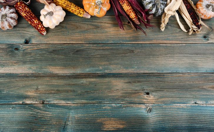 Autumn holiday concept for thanksgiving or halloween on faded blue rustic wood
