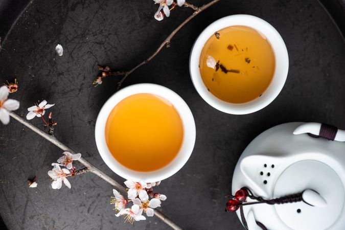 Top view of Asian style green tea set