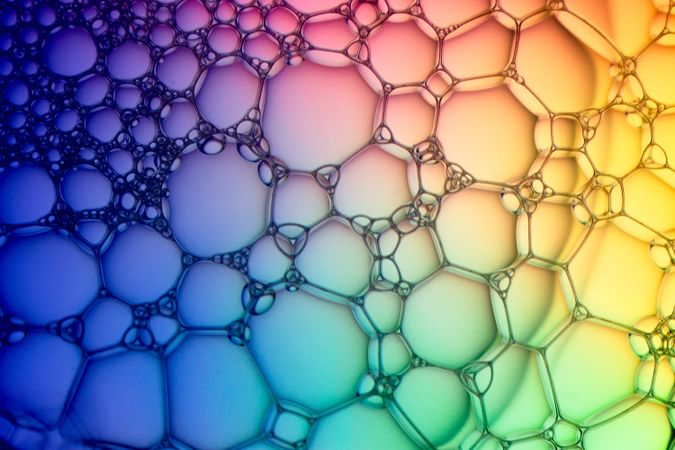 Abstract background bio technology, macro photography foam and water with gradient background. Molecule multicolor backgorund