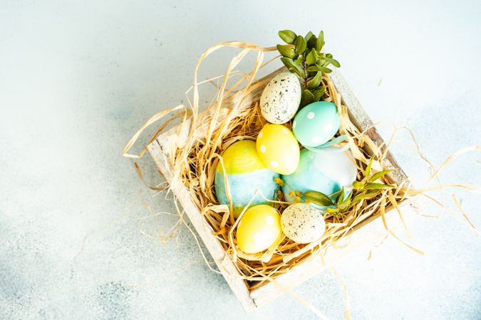 Top view of Easter holiday concept with crate of pastel eggs in straw